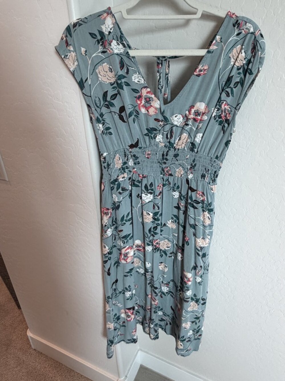 Maurices Dusty Blue Pink Floral V Neck Smocked Waist Dress S